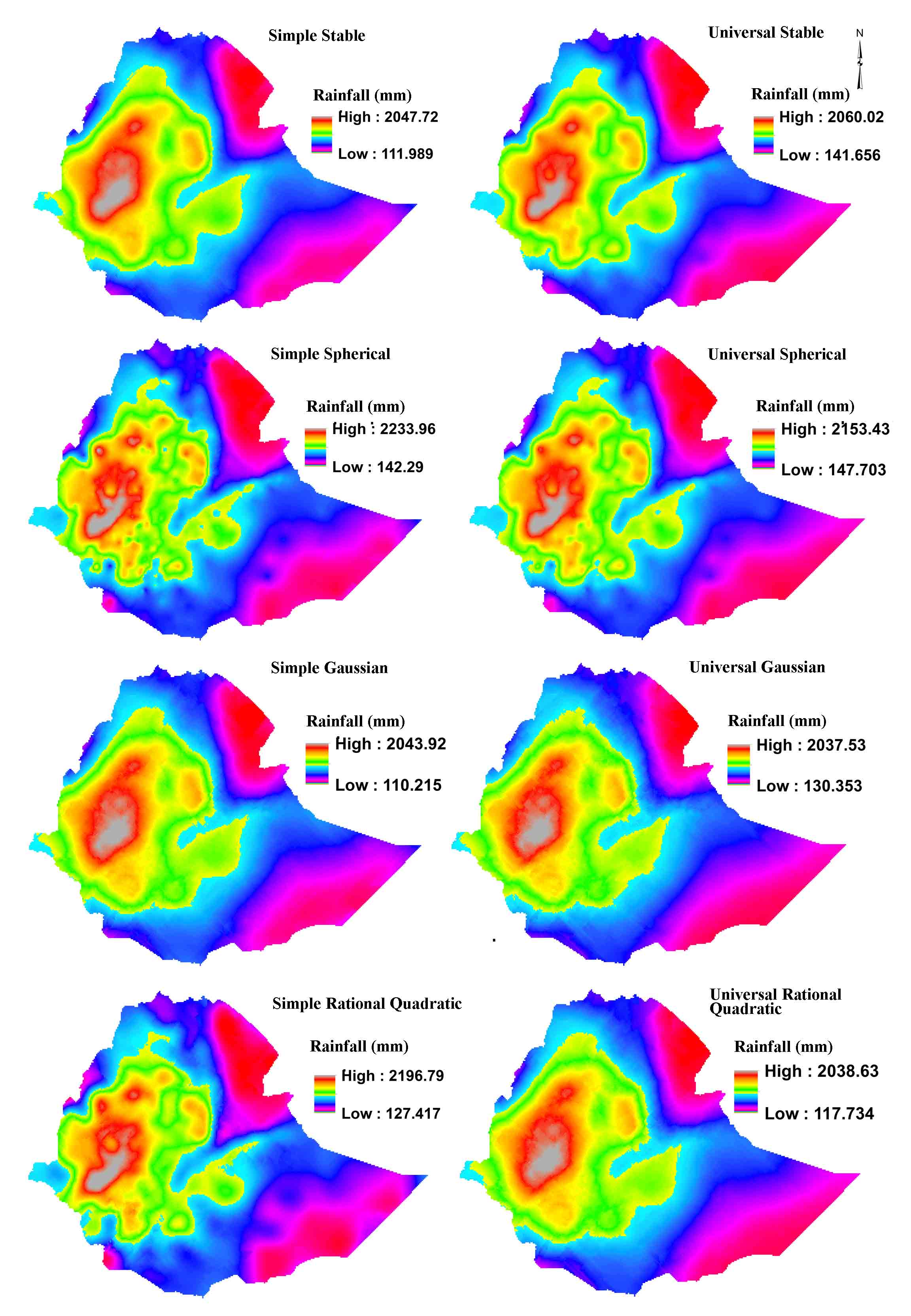 Figure 4. Estimated average annual rainfall using different models