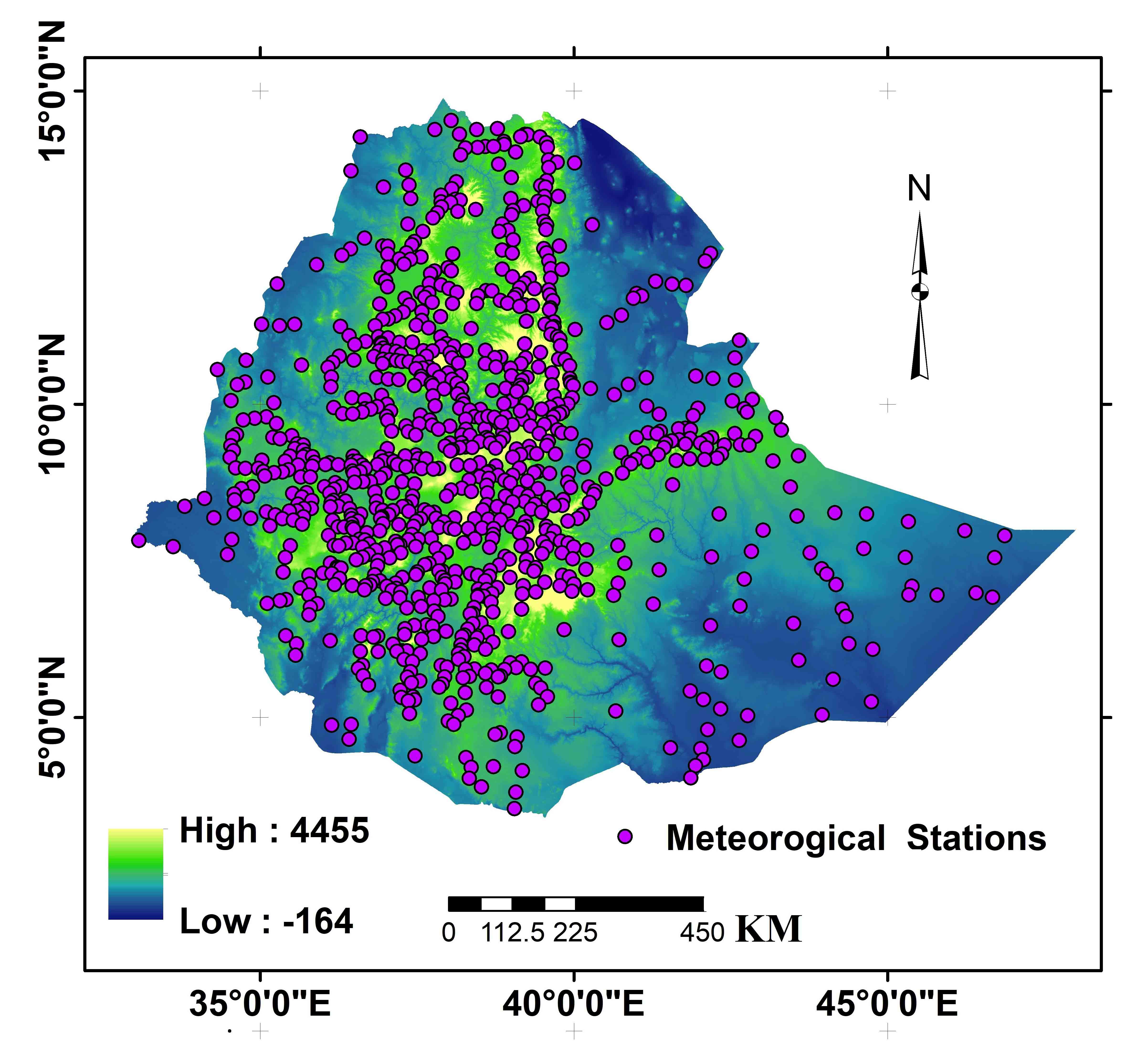 Figure 1. The study area with meteorological stations in Ethiopia